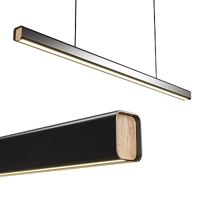 Modern Long Black Frame Pendant Light With Wooden Accents And LED Strip 3d model