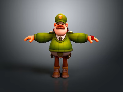 Cartoon Style 3D Game and Movie Character in Green Uniform With Mustache and Hat 3d model