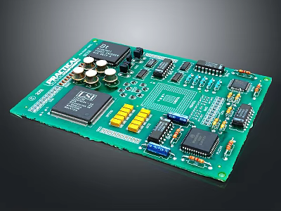 Green Printed Circuit Board With Electronic Chips Capacitors And Resistors 3d model