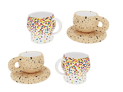 Colorful Sprinkles And Beige Speckled Mugs With Matching Coasters Set 3d model