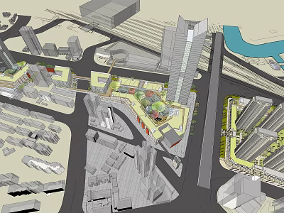 Modern High Rise Office Building In Urban Area With River And Transportation Links 3d model