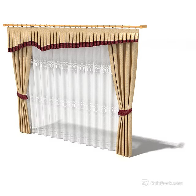 Beige Curtains With White Lace Sheer And Burgundy Tiebacks Tassel Valance 3d model 