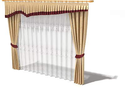 Beige Curtains With White Lace Sheer And Burgundy Tiebacks Tassel Valance 3d model