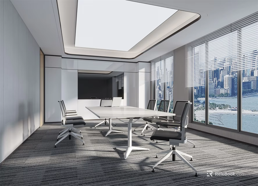 Modern Conference Room With Large Windows City View And White Conference Table 3d model 