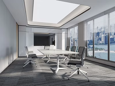 Modern Conference Room With Large Windows City View And White Conference Table 3d model