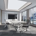 Modern Conference Room With Large Windows City View And White Conference Table
