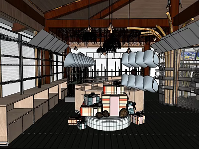 Modern Specialty Store Interior With Central Display Counter Hanging Lamps And Shelves Showcasing Boxed Products 3d model