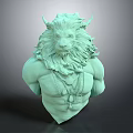 Green Lion Headed Mythical Creature Sculpture With Horns Muscular Torso And Necklaces With Pendants