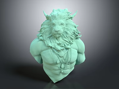 Green Lion Headed Mythical Creature Sculpture With Horns Muscular Torso And Necklaces With Pendants 3d model