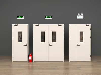 White Swing Doors With Glass Panels Fire Safety Setup With Fire Extinguisher Emergency Indicator Lights 3d model