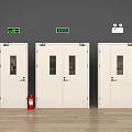 White Swing Doors With Glass Panels Fire Safety Setup With Fire Extinguisher Emergency Indicator Lights