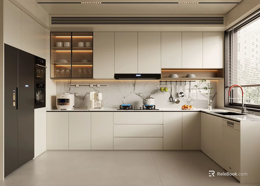 Modern Kitchen Interior With White Cabinets Black Appliances And Window Countertop 3d model