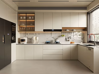 Modern Kitchen Interior With White Cabinets Black Appliances And Window Countertop 3d model