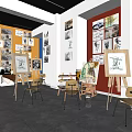 Book Art Creative Studio with Sketches Illustrations on Walls Easels Drawing Boards and Chairs