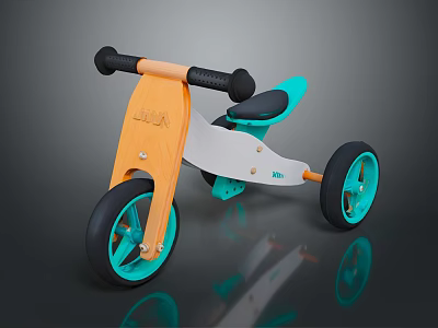 Stylish Kids Tricycle With Wooden Frame Orange Turquoise Wheels Black Seat And Handles 3d model
