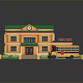 Scenic Two Story Building with Green Roof Orange Walls Yellow School Bus and Green Shrubs