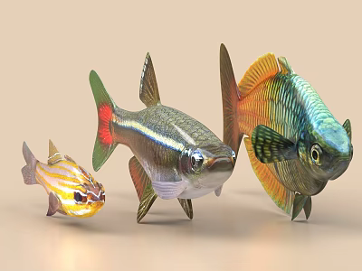 Colorful Aquarium Fish With Striped Silver Red Tail And Green Yellow Features 3d model