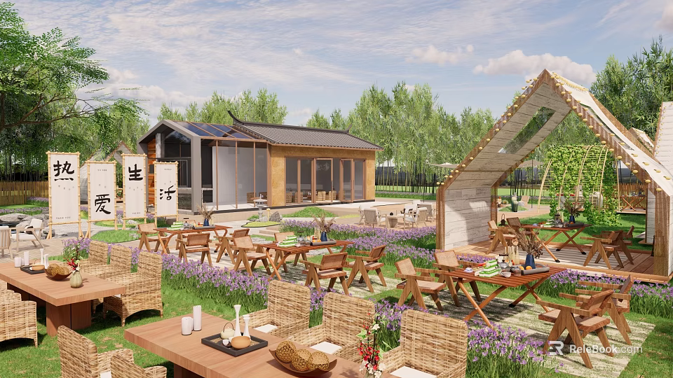 Tranquil Park Landscape With Wooden Pavilion Outdoor Tables Lavender Flowers And Green Trees 3d model 