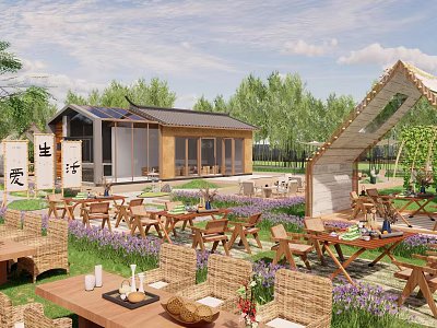 Tranquil Park Landscape With Wooden Pavilion Outdoor Tables Lavender Flowers And Green Trees 3d model