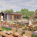 Tranquil Park Landscape With Wooden Pavilion Outdoor Tables Lavender Flowers And Green Trees