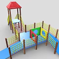 Colorful Outdoor Playground Equipment With Red Roof Slides Yellow Railings And Blue Platforms