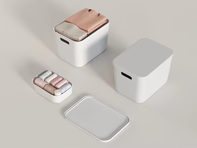 White Storage Baskets with Lids Ideal for Organizing Pink and Beige Foldable Clothes at Home 3d model