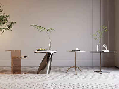 Modern Side Tables With Different Metal Frame Designs And Green Plants In Minimalist Interior 3d model
