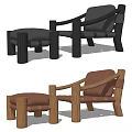 Stylish Black and Brown Leather Leisure Chairs with Matching Stools and Wooden Frames
