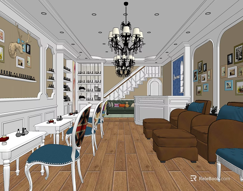 Elegant Modern Beauty Hair Salon Interior With Styling Chairs Mirrors And Product Shelves 3d model 