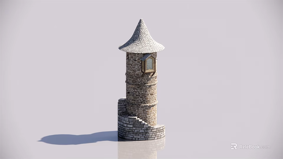 European Style Architecture Stone Tower Featuring Pointed Roof Wooden Window And Stone Steps 3d model 