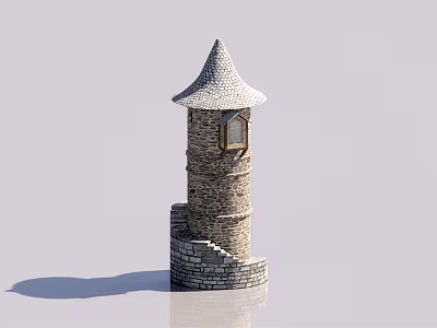 European Style Architecture Stone Tower Featuring Pointed Roof Wooden Window And Stone Steps 3d model
