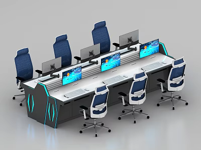 Monitoring Room With Long Console Desk Multiple Monitors Blue Lighting And Office Chairs 3d model