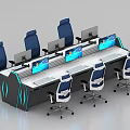 Monitoring Room With Long Console Desk Multiple Monitors Blue Lighting And Office Chairs