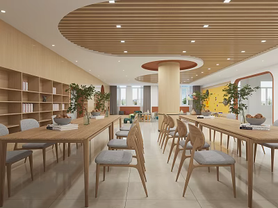 Modern Bright Study Room Interior With Wooden Bookshelves Chairs And Plants 3d model