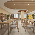 Modern Bright Study Room Interior With Wooden Bookshelves Chairs And Plants