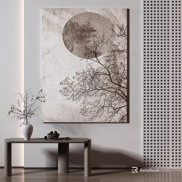 Minimalist Artwork with Moon and Tree Branches on Table with Vase and Perforated Screen 3d model 