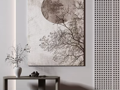 Minimalist Artwork with Moon and Tree Branches on Table with Vase and Perforated Screen 3d model