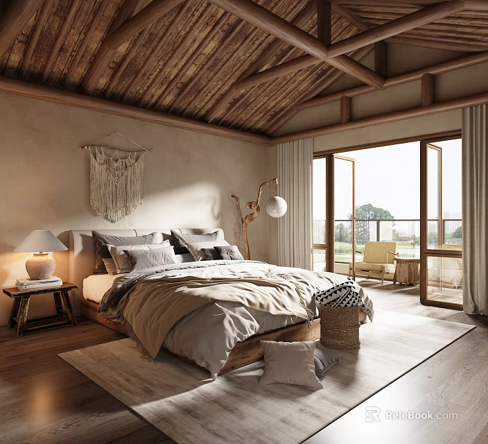 Rustic Hotel Guest Room With Wooden Ceiling Macramé Hanging Cozy Bed And Terrace View 3d model 