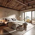 Rustic Hotel Guest Room With Wooden Ceiling Macramé Hanging Cozy Bed And Terrace View