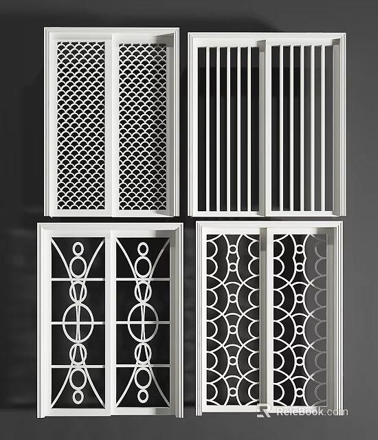 Sliding Doors With Various Decorative Patterns Including Grid Vertical Stripes Circular And Wave 3d model 