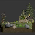 Cartoon Scene Featuring Small Wooden House Pine Trees Vegetable Garden Grass And Stones