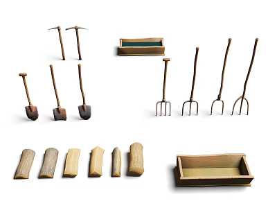 Essential Traditional Agricultural Equipment Including Shovels Rakes Trowels And Wooden Boxes 3d model