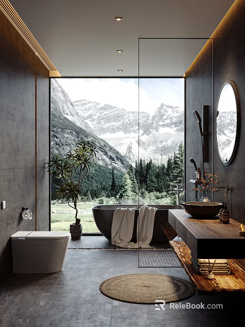 Modern Bathroom Interior With Large Window Mountain View Round Mirror And Green Plant 3d model 