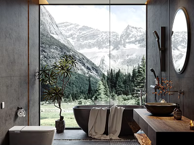 Modern Bathroom Interior With Large Window Mountain View Round Mirror And Green Plant 3d model