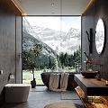 Modern Bathroom Interior With Large Window Mountain View Round Mirror And Green Plant
