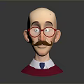 Cartoon Man with Bald Head Red Glasses Mustache White Shirt Blue Tie and Red Sweater