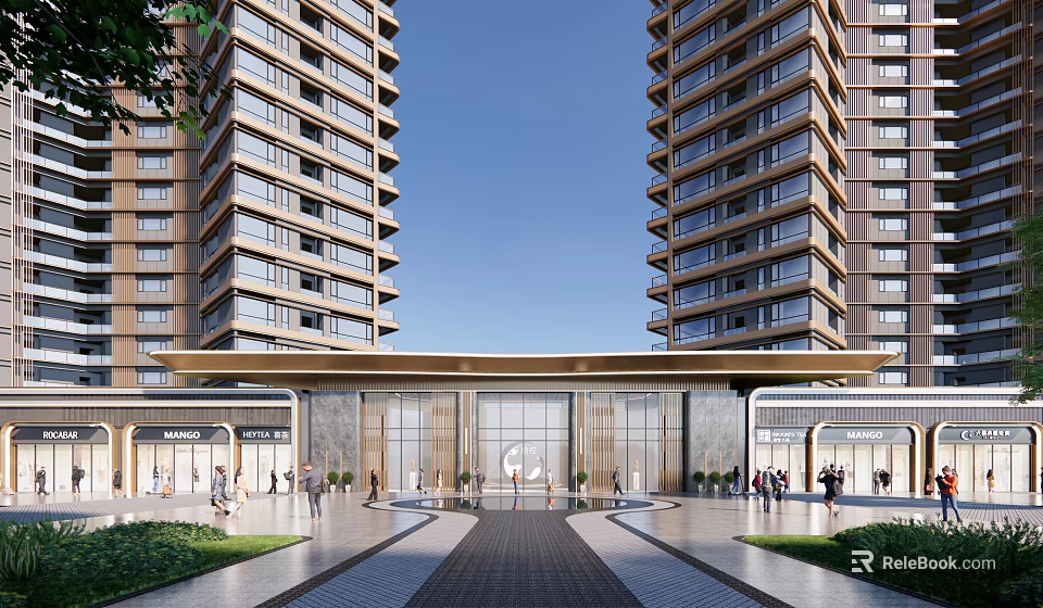 Modern Entrance Gate Between High Rise Buildings Featuring Glass Doors Spacious Walkway And Greenery 3d model 