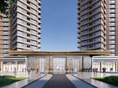 Modern Entrance Gate Between High Rise Buildings Featuring Glass Doors Spacious Walkway And Greenery 3d model