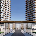Modern Entrance Gate Between High Rise Buildings Featuring Glass Doors Spacious Walkway And Greenery