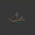 Model Ship Display Scene With Wooden Mast Sails Blue Wave Base And Cannon Barrel